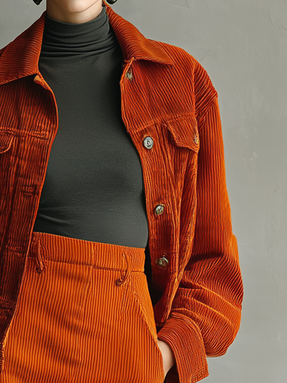 Women's Orange Corduroy Button-Up Jacket MDA2779H4T