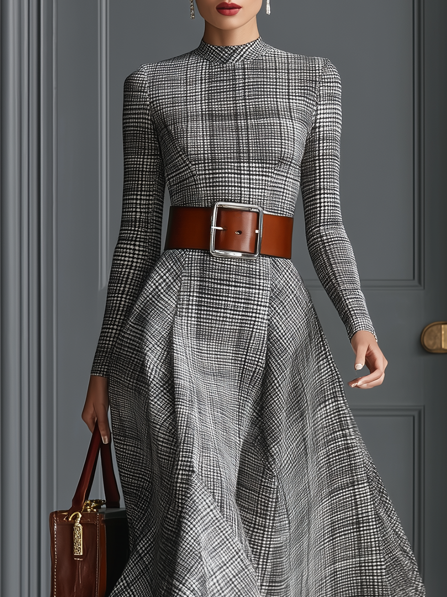 Women's Grey Cotton And Linen Blend Plaid Belted A-Line Midi Dress MDA0532I9T