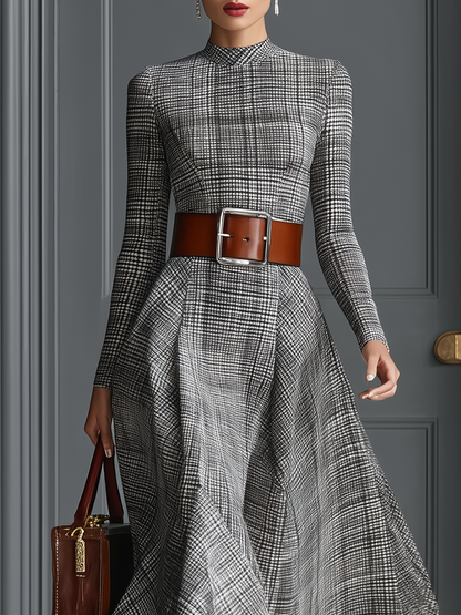 Women's Grey Cotton And Linen Blend Plaid Belted A-Line Midi Dress MDA0532I9T