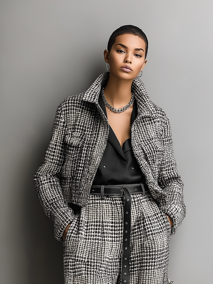 Women's Fashion Loose Houndstooth Zipper Jacket MDA2717H0Y