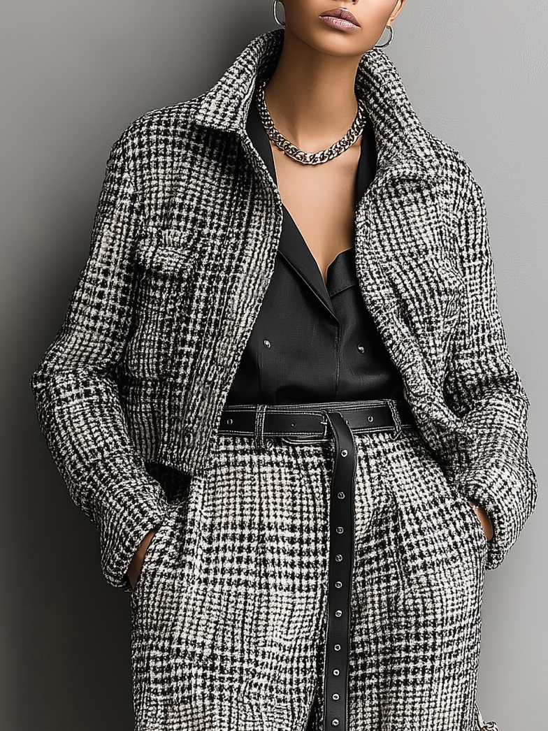 Women's Fashion Loose Houndstooth Zipper Jacket MDA2717H0Y
