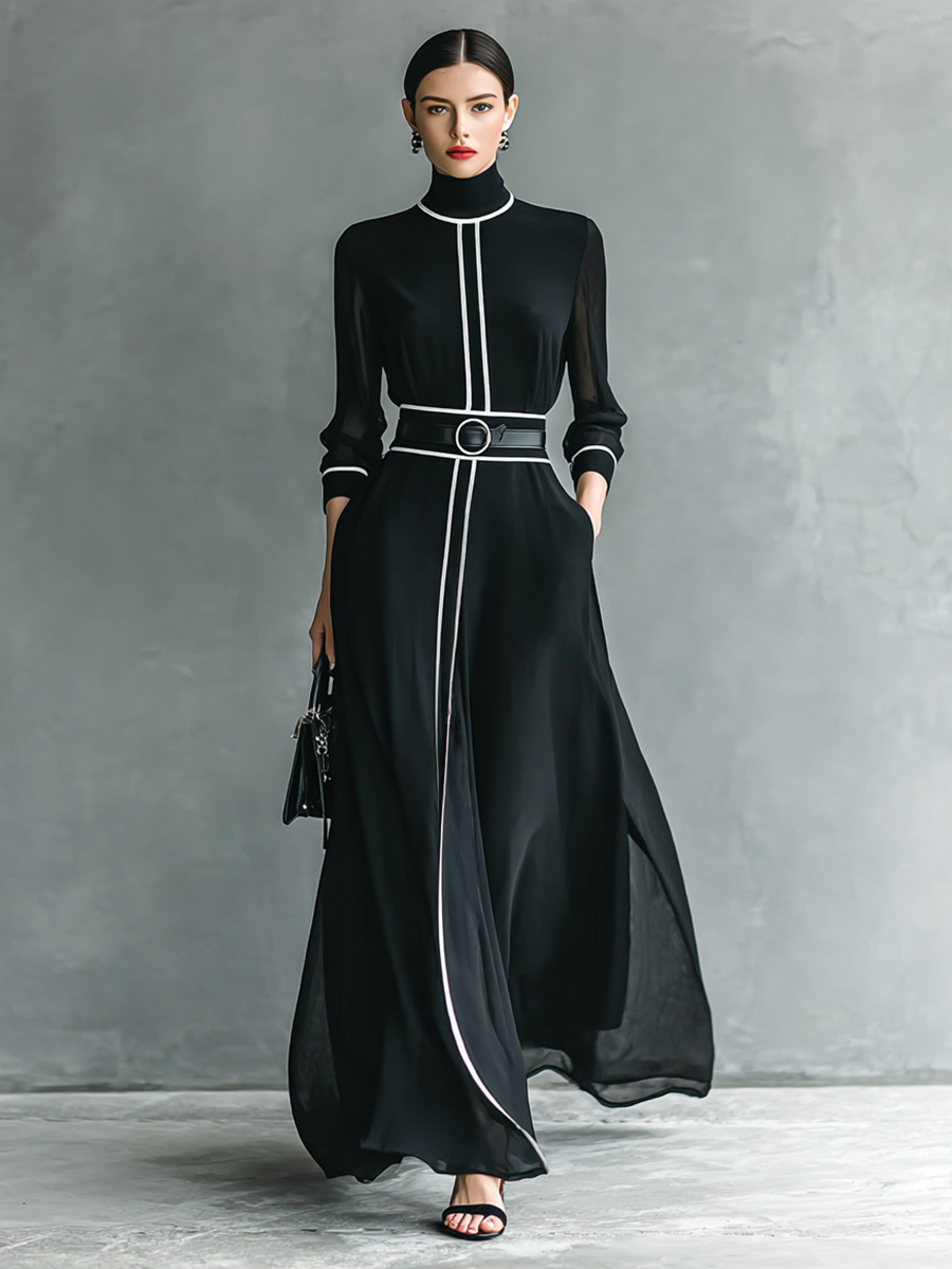 Women's Chiffon White Trim High Collar Long Sleeve Belt Maxi Dress MDA1098G4Y