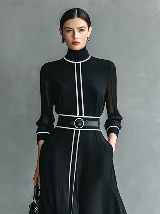 Women's Chiffon White Trim High Collar Long Sleeve Belt Maxi Dress MDA1098G4Y