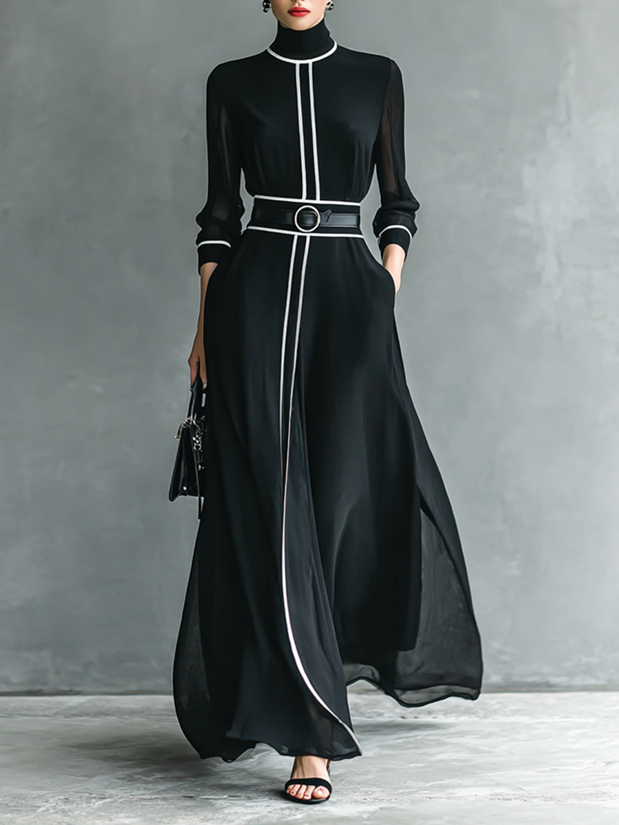 Women's Chiffon White Trim High Collar Long Sleeve Belt Maxi Dress MDA1098G4Y