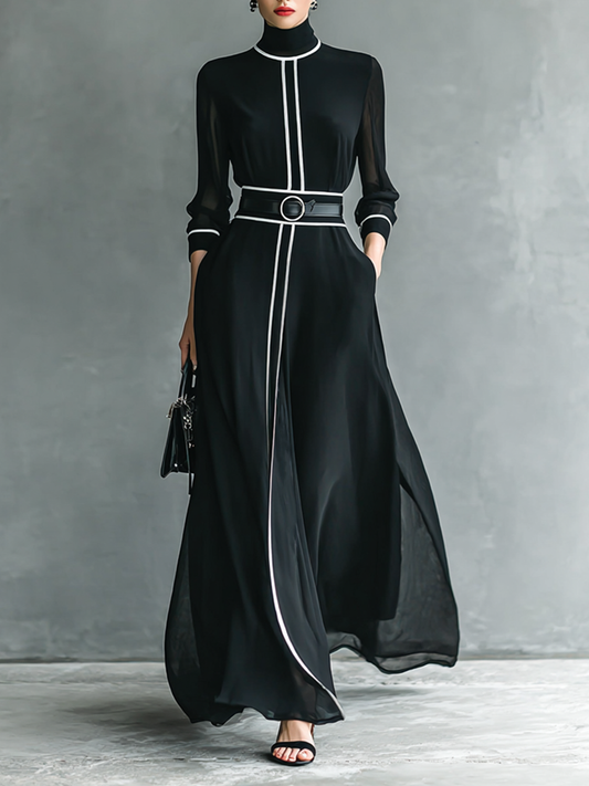 Women's Chiffon White Trim High Collar Long Sleeve Belt Maxi Dress MDA1098G4Y