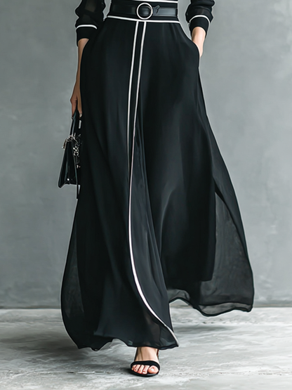 Women's Chiffon White Trim High Collar Long Sleeve Belt Maxi Dress MDA1098G4Y