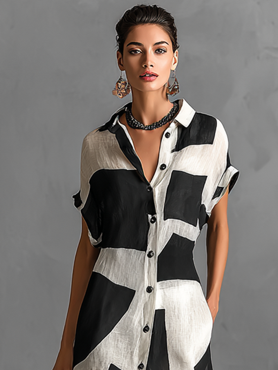 Women's Chiffon Irregular Geometric Print Lapel Single-Breasted Short-Sleeved Maxi Shirt Dress MDA1689G1Y