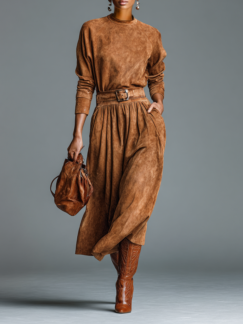 Women's Vintage Suede Round Neck Long Sleeve Blouse Skirt Set MDA2746H7Y