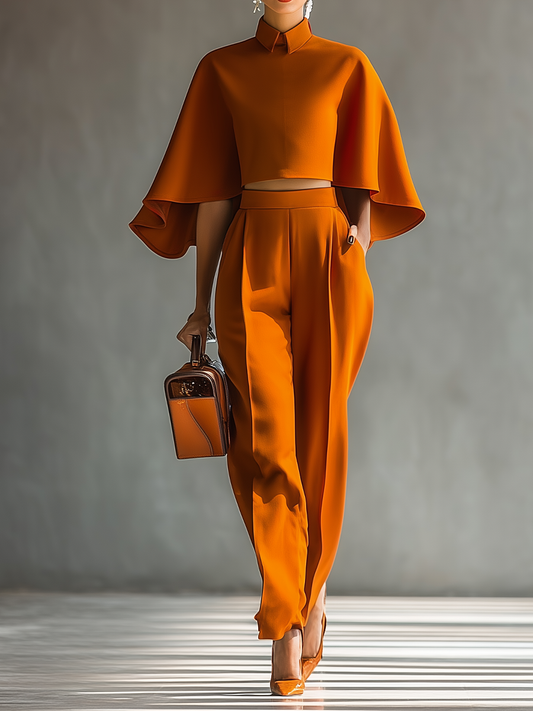 Women's Orange Cape Top And Wide-leg Pants Set MDA1587H1T