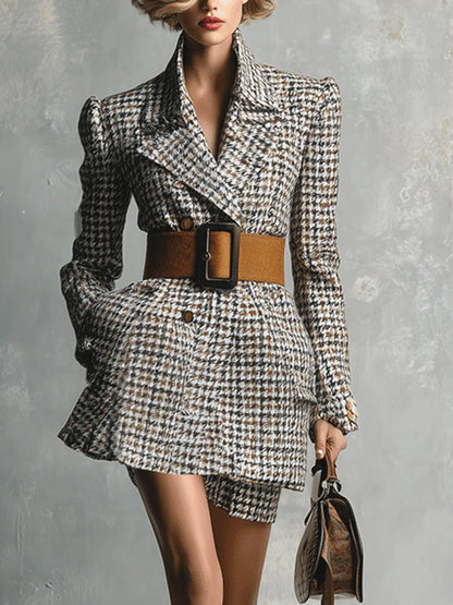 Women's Multi - Toned Elegant Cotton - Blend Houndstooth Blazer  (without Belt) MDA2912H5I