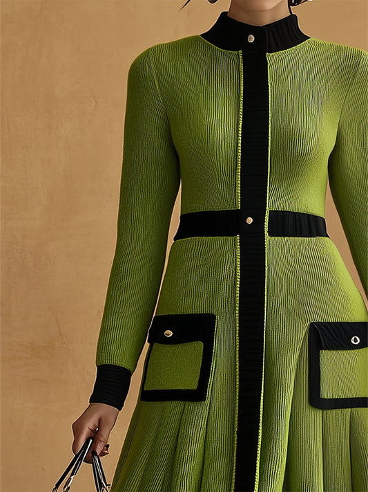 Women's Elegant Green Knitted Shirt Dress With Black Trim MDA0229H6I