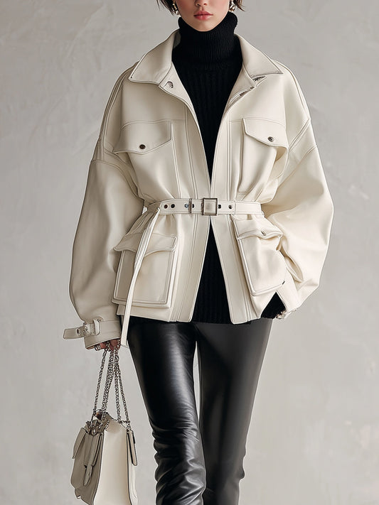 Women's Ivory Elegant PU Leather Belted Utility - Style Jacket (without Belt) MDA2627H6I