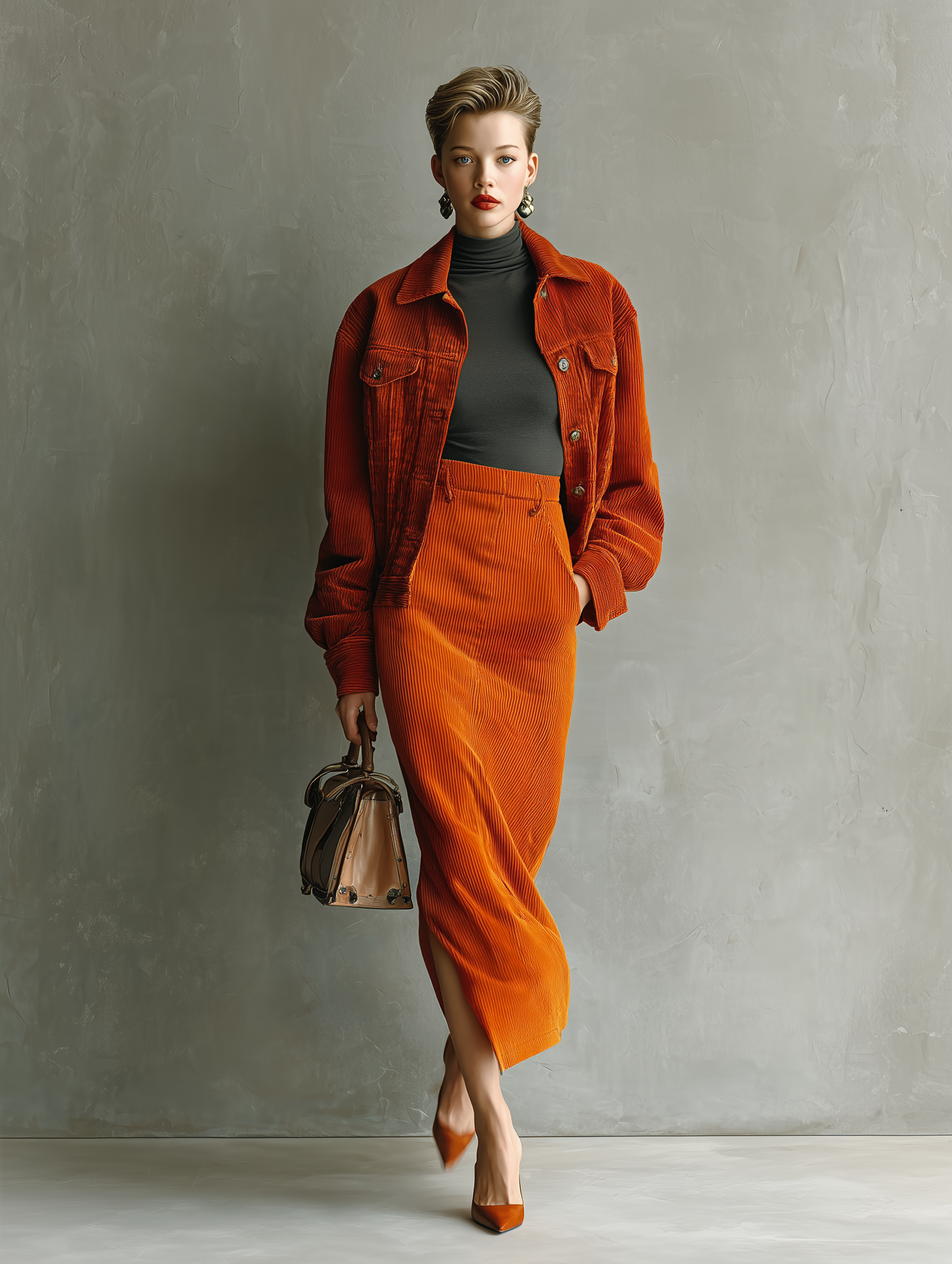 Women's Orange Corduroy Button-Up Jacket MDA2779H4T