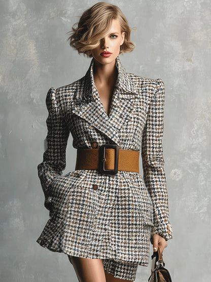 Women's Multi - Toned Elegant Cotton - Blend Houndstooth Blazer  (without Belt) MDA2912H5I