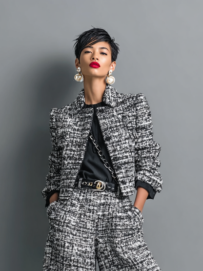 Women's Tweed Blend Single-Breasted Cropped Jacket And Wide-Leg Pants Set MDA2589H6Y