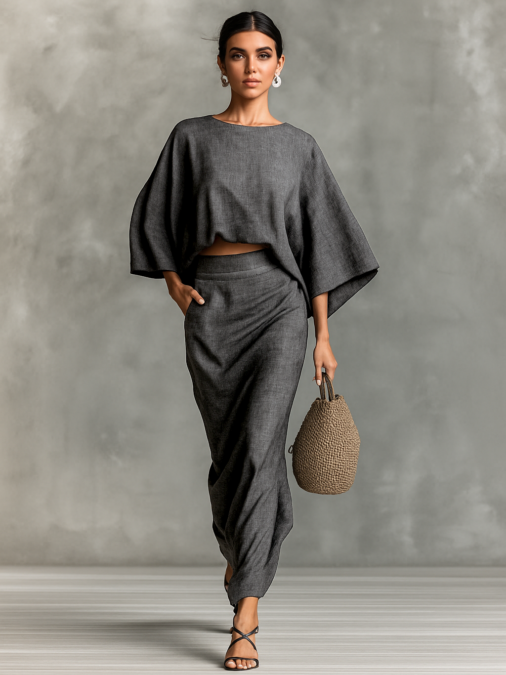 Women's Cotton And Linen Blend Bat Sleeve Long Skirt Two-piece Set MDA2288G4Y