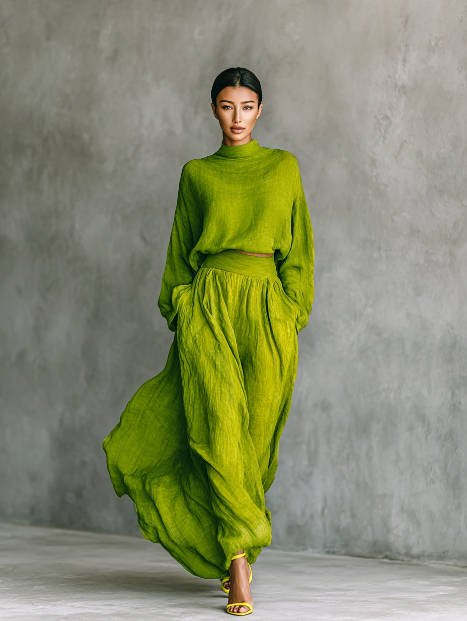 Women's Green Turtleneck Cotton And Linen Blend Suit MDA2938G4T